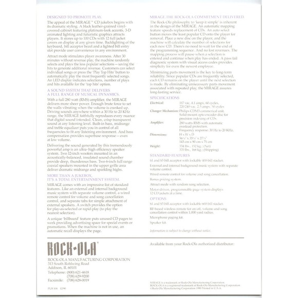 Rock Ola Mirage CD Jukebox FLYER Original Unused Phonograph Music Artwork 1990 - Picture 2 of 2